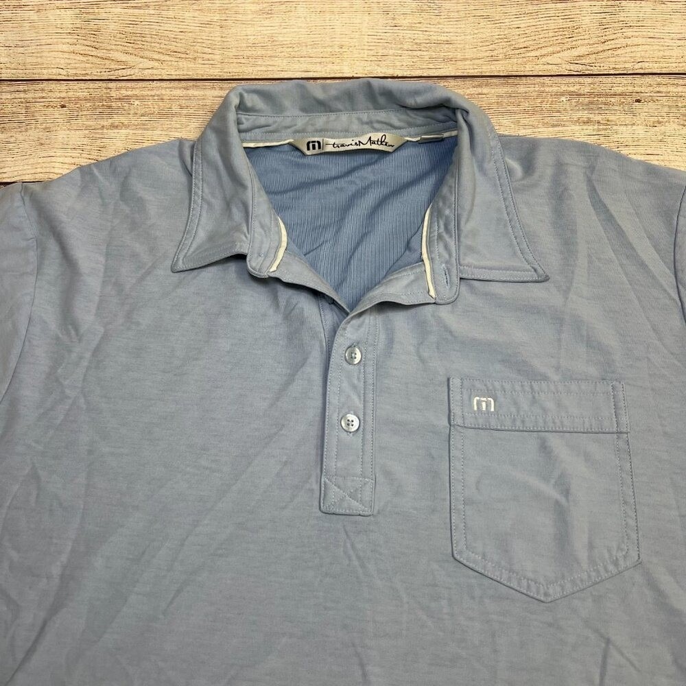 TravisMathew Polo Shirt Mens XL Light Blue Pima Cotton Blend Chest Pocket Logo - Picture 10 of 13